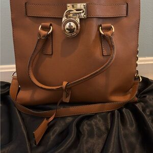 Michael Kors Tan Leather Satchel with Gold-Tone Lock